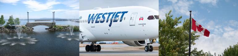 Waterfront fountains, a WestJet airplane, and a Canadian flag on a sunny day