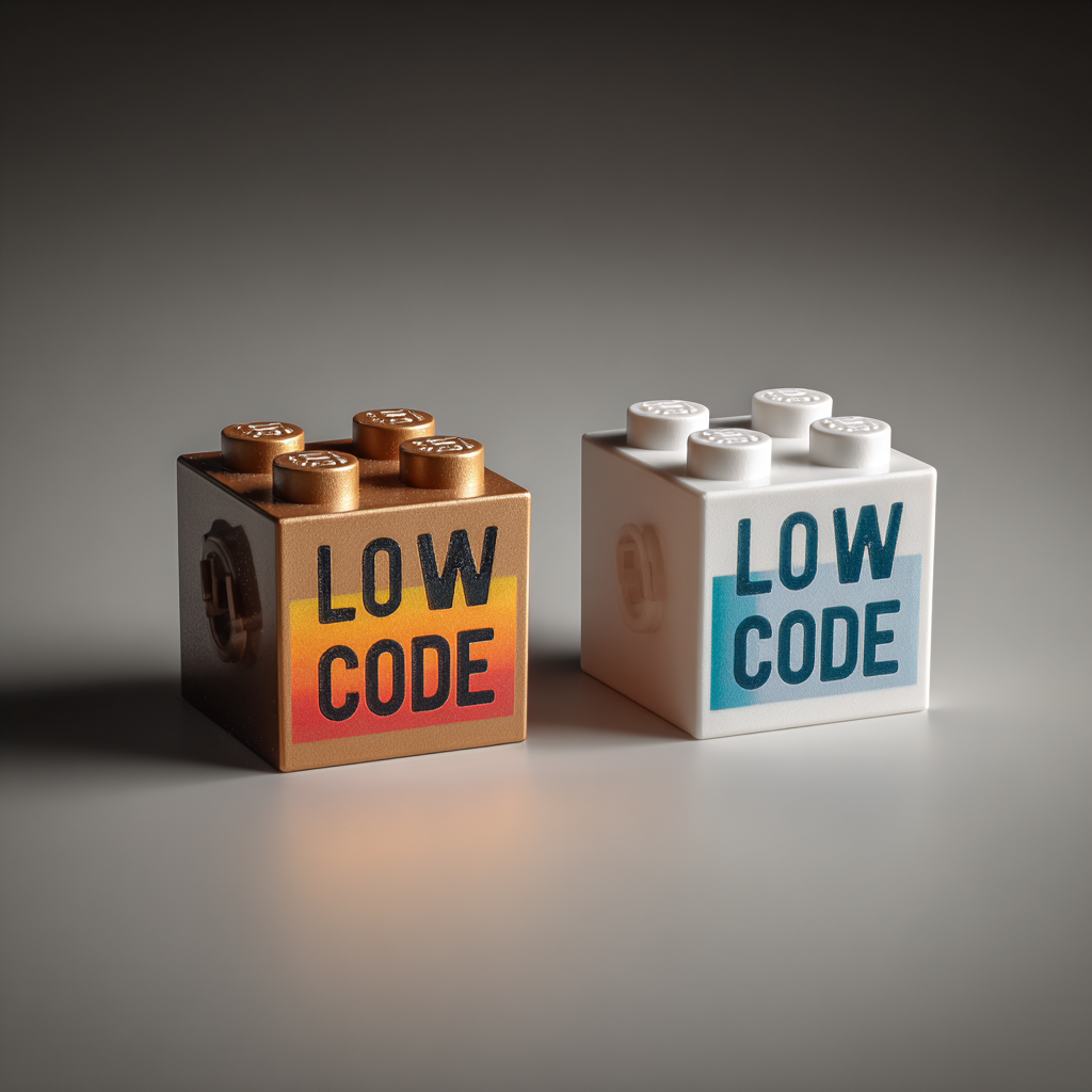 Two building blocks labeled “LOW CODE” representing low-code software development