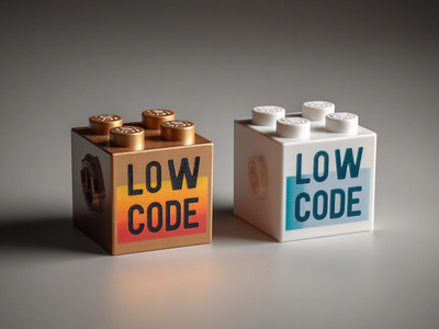 Two building blocks labeled “LOW CODE” representing low-code software development