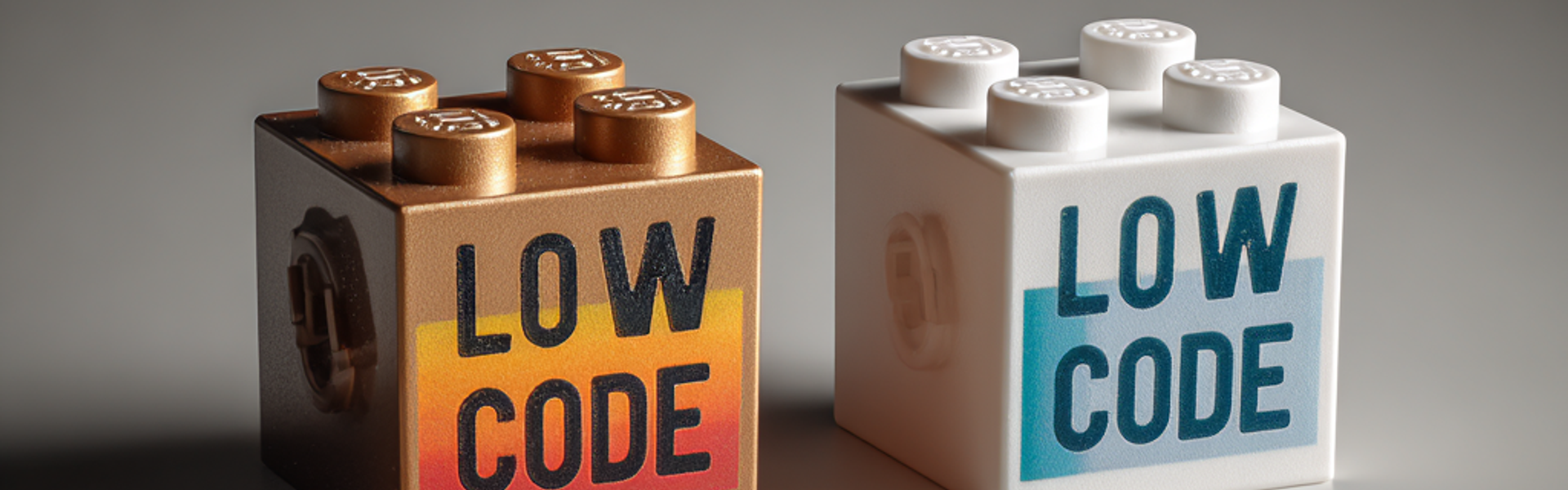 Two building blocks labeled “LOW CODE” representing low-code software development