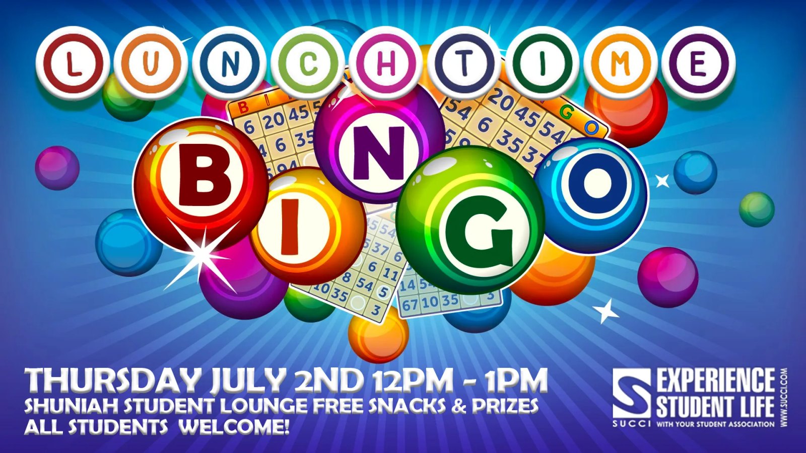 Lunch Time Bingo in the Shuniah Student Lounge with free snacks, prizes, and student participation.