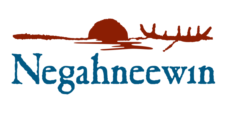 The word “Negahneewin” in blue beneath a red sun and stylized line drawing of an animal with antlers.