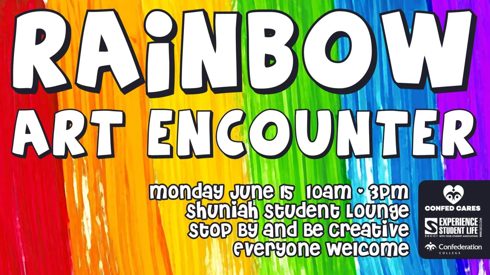 Rainbow Art Encounter creative activity in the Shuniah Student Lounge celebrating Pride Month.
