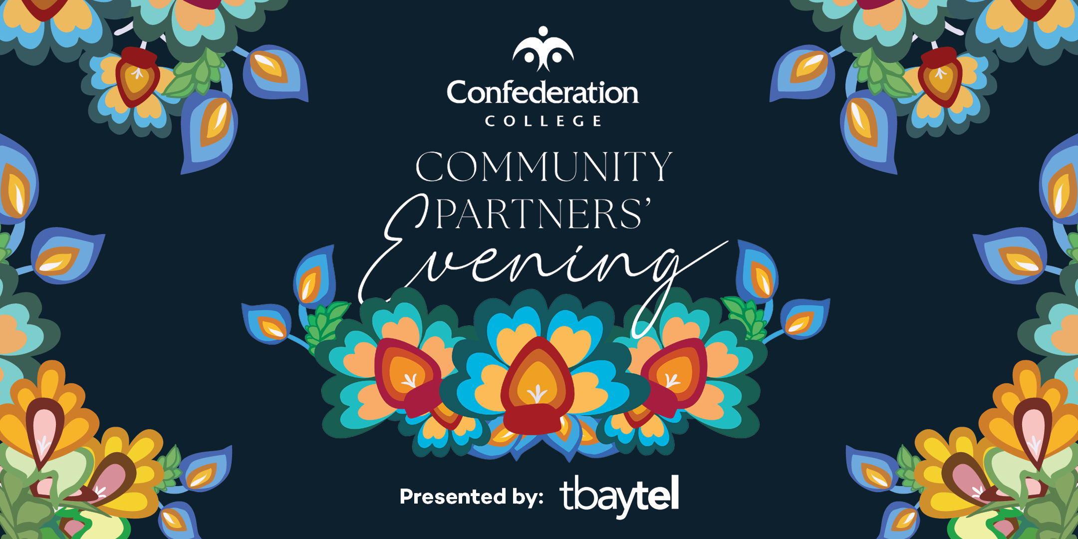 Confederation College Community Partners' Evening text on a dark blue floral graphic background