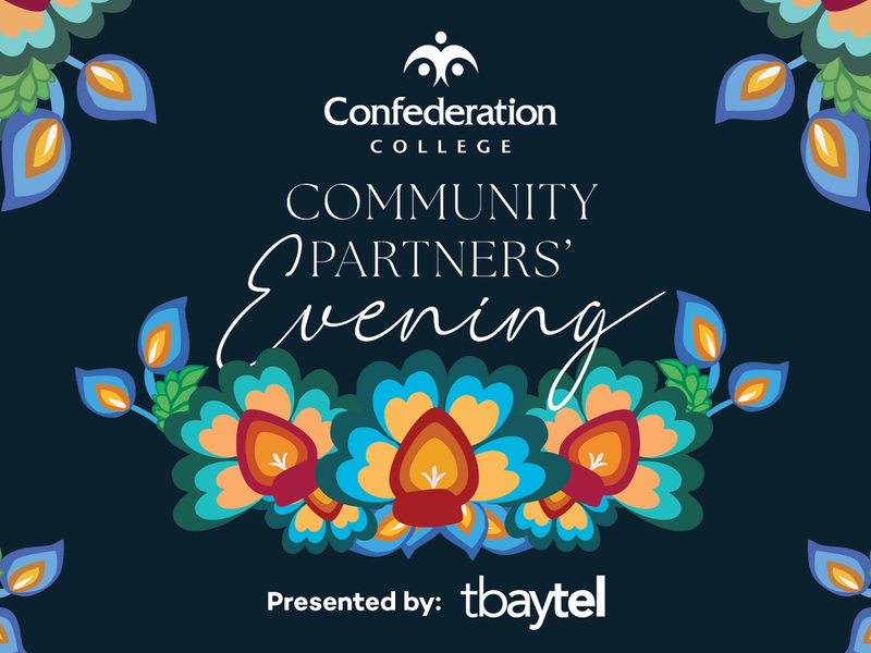 Confederation College Community Partners' Evening text on a dark blue floral graphic background