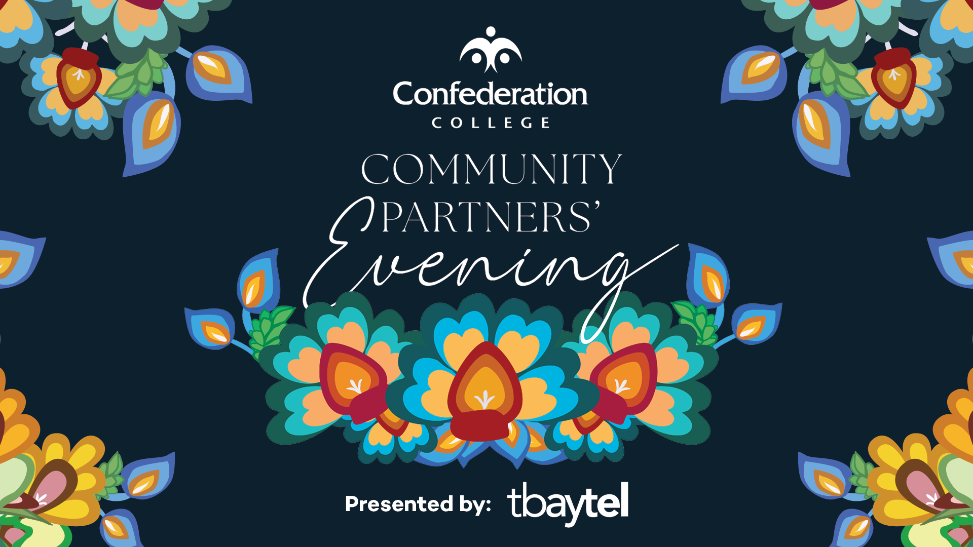 Confederation College Community Partners' Evening text on a dark blue floral graphic background