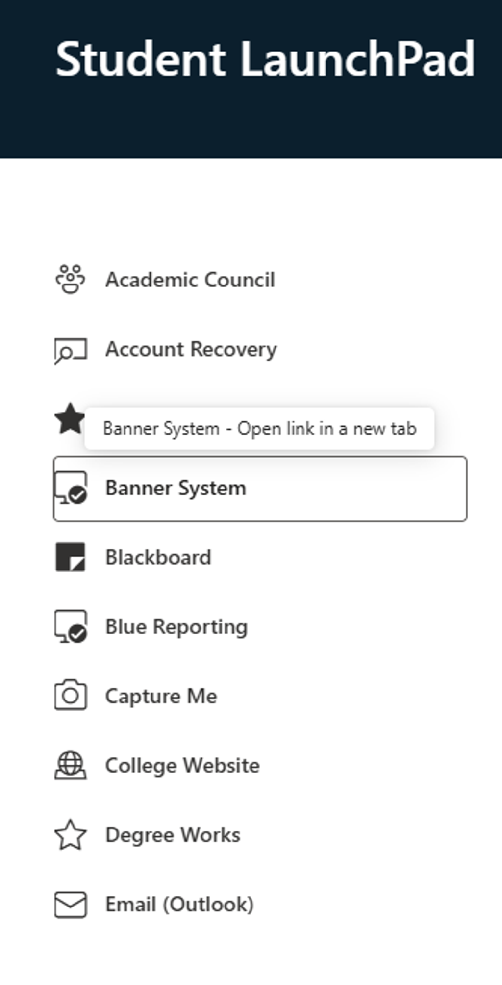 Student LaunchPad page showing a vertical menu of student services, with Banner System selected