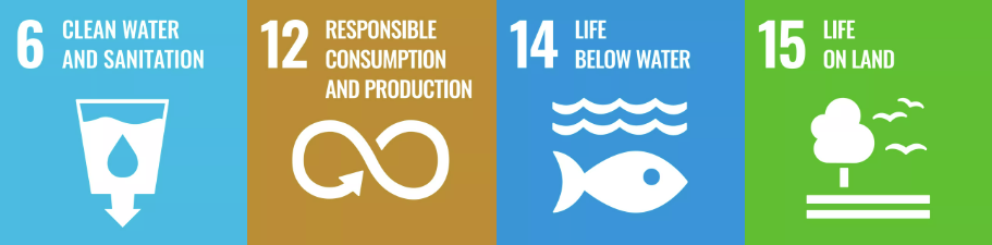 Sustainable Development Goals icons for clean water, responsible consumption, and life on land and below water