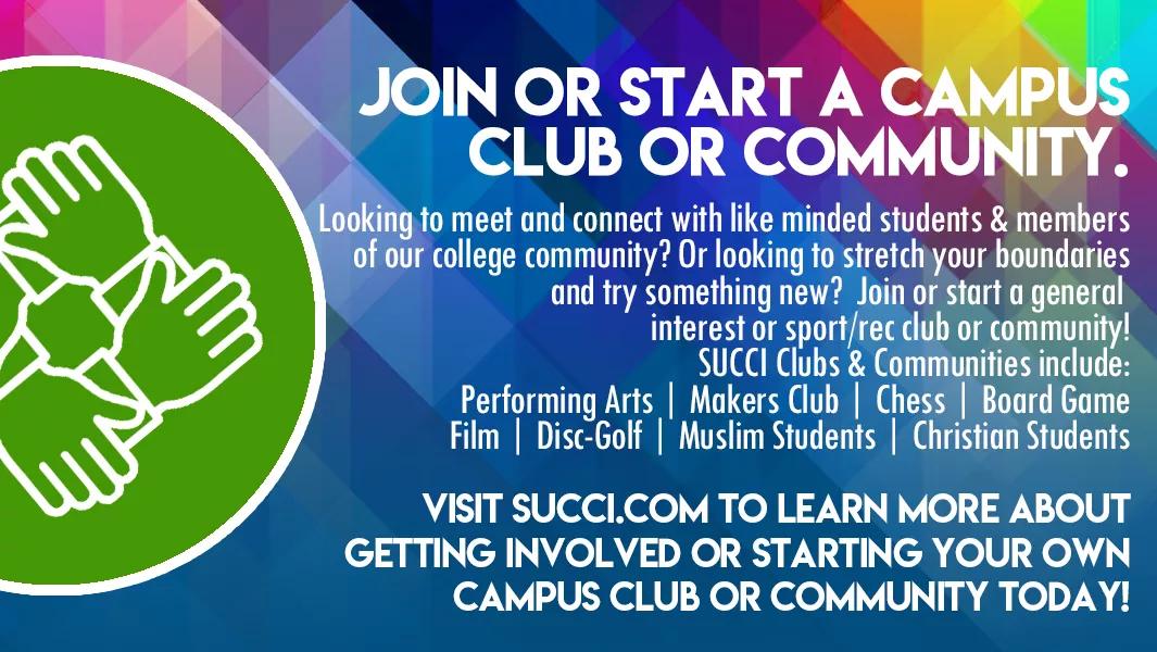 Poster encouraging students to join or start a campus club or community with examples of SUCCI clubs and activities