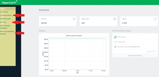 PaperCut MF printing dashboard showing balance, print jobs, and navigation menu