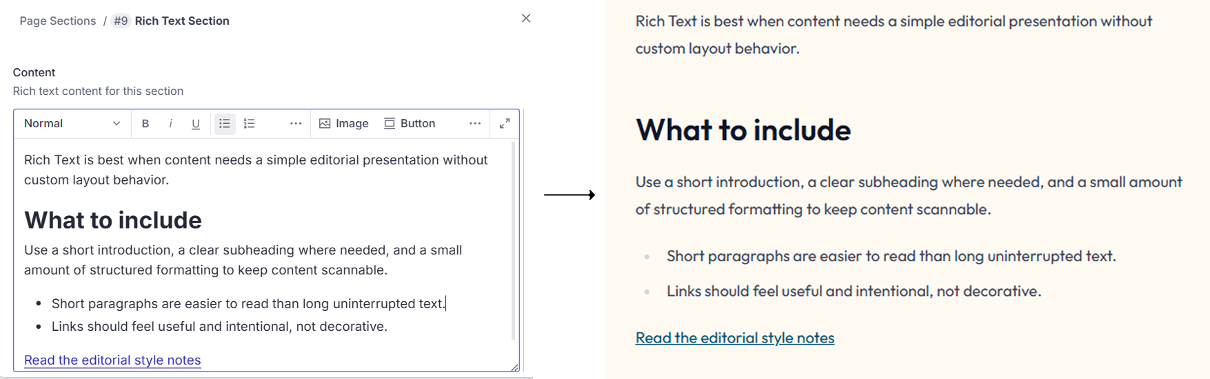 Rich text editor content converted into a formatted webpage preview with heading and bullet list