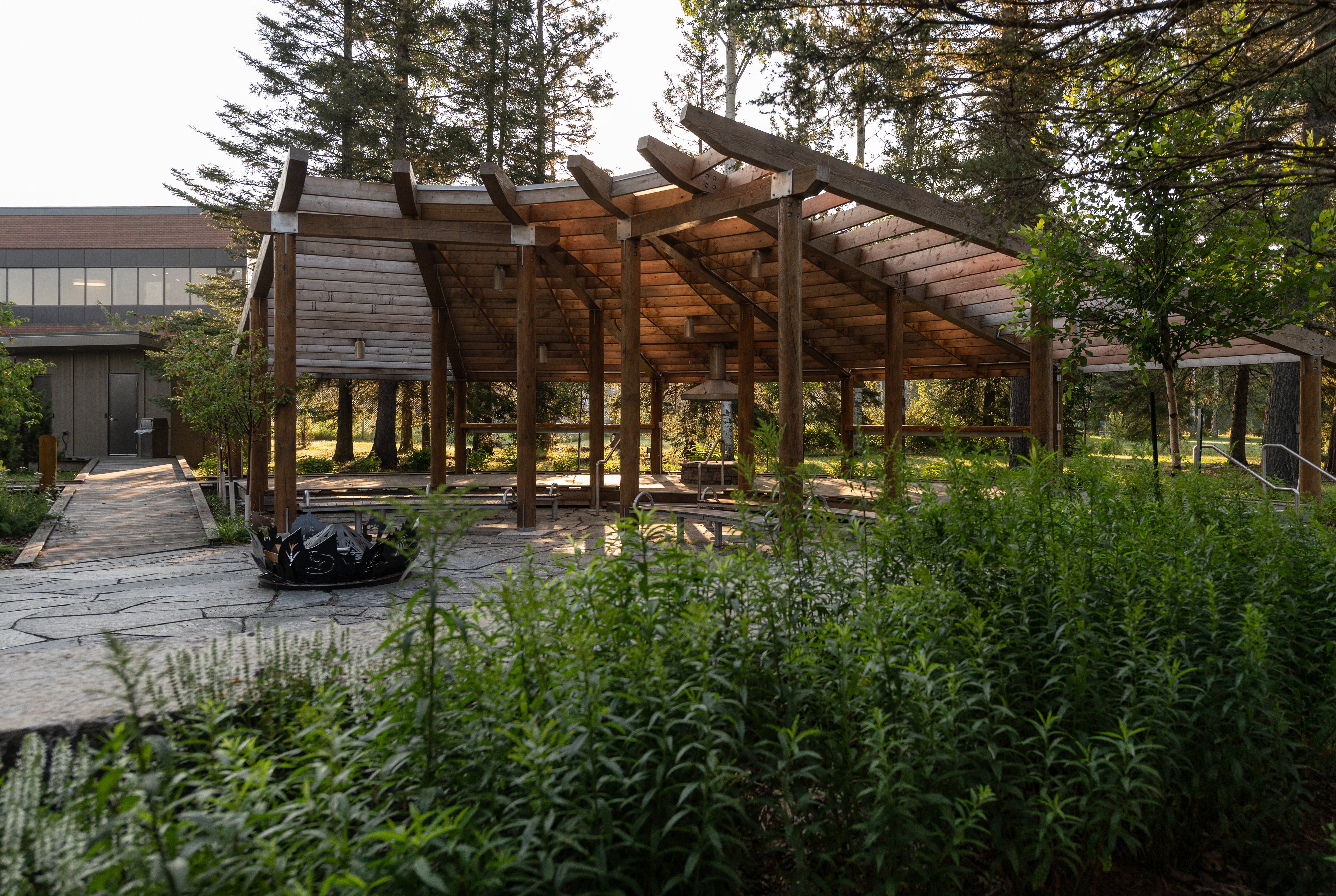 Wooden pavilion and seating area in a forested outdoor learning and gathering space on campus