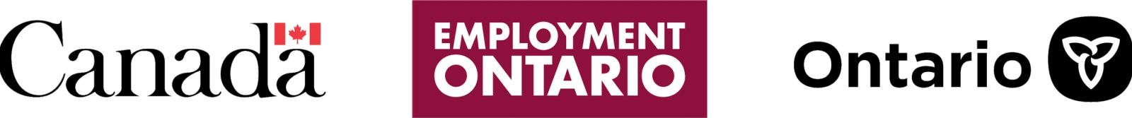 Canada wordmark with a red maple leaf, Employment Ontario logo, and Ontario wordmark with triquetra symbol
