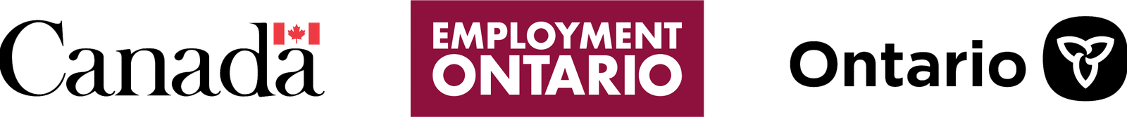 Canada wordmark with a red maple leaf, Employment Ontario logo, and Ontario wordmark with triquetra symbol