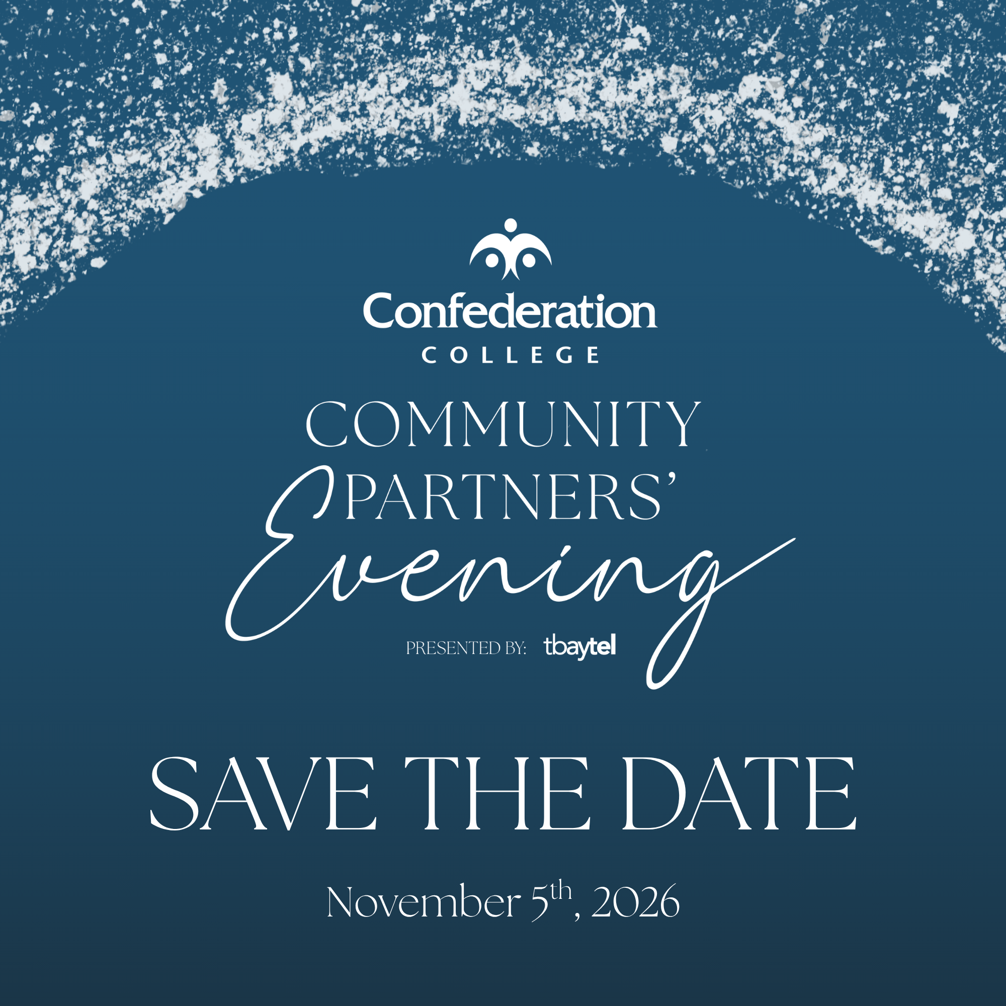 Confederation College Community Partners' Evening promotional graphic presented by Tbaytel