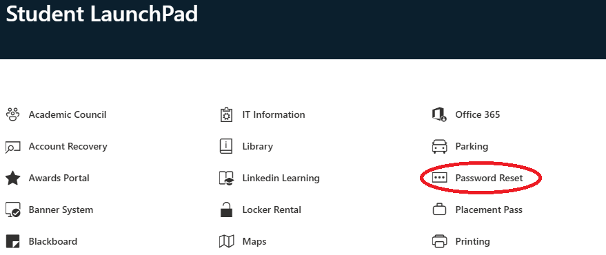 Student LaunchPad page with a grid of service links; “Password Reset” is circled in red.