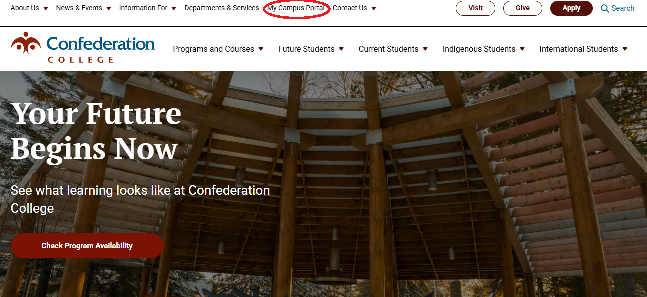Confederation College homepage with My Campus Portal highlighted