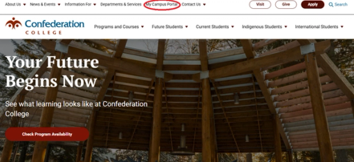 Confederation College homepage with My Campus Portal link highlighted