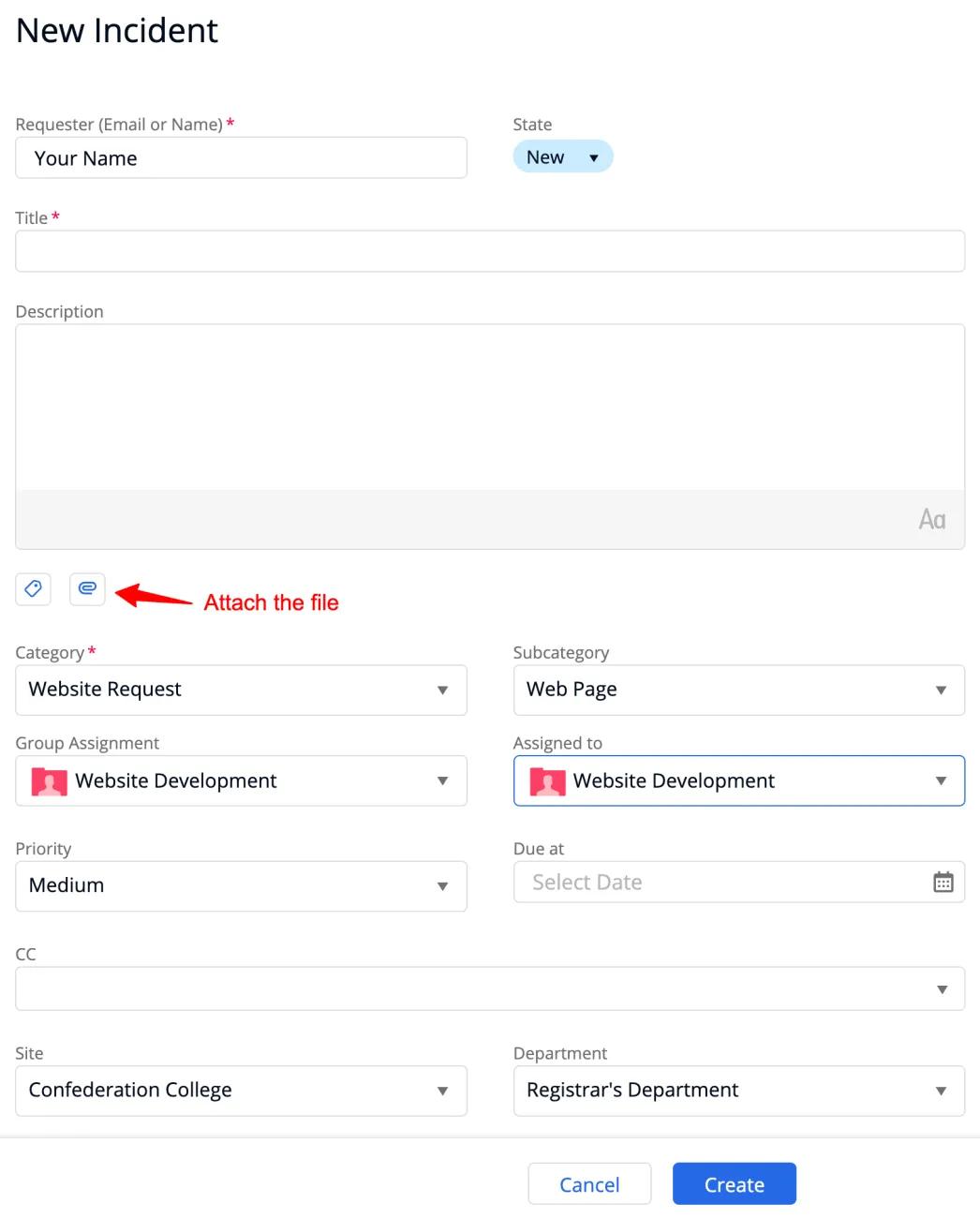 New incident form showing fields for request details and option to attach a file