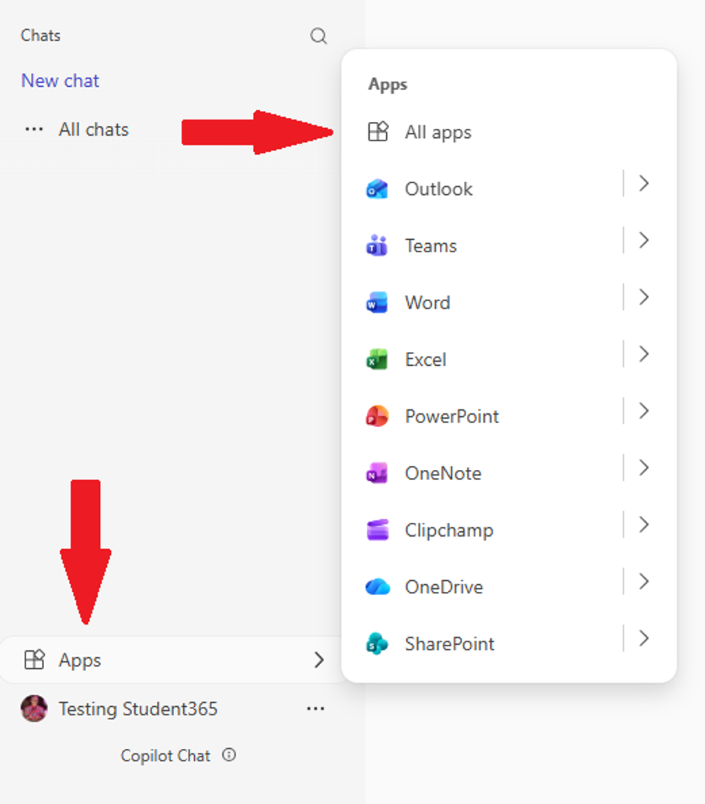 Microsoft Teams sidebar showing the Apps section and list of Microsoft 365 apps