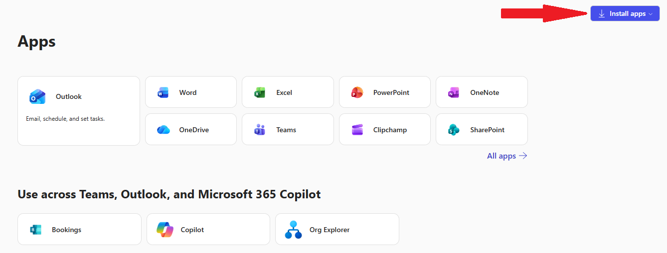 Microsoft 365 Apps page with Install apps button highlighted