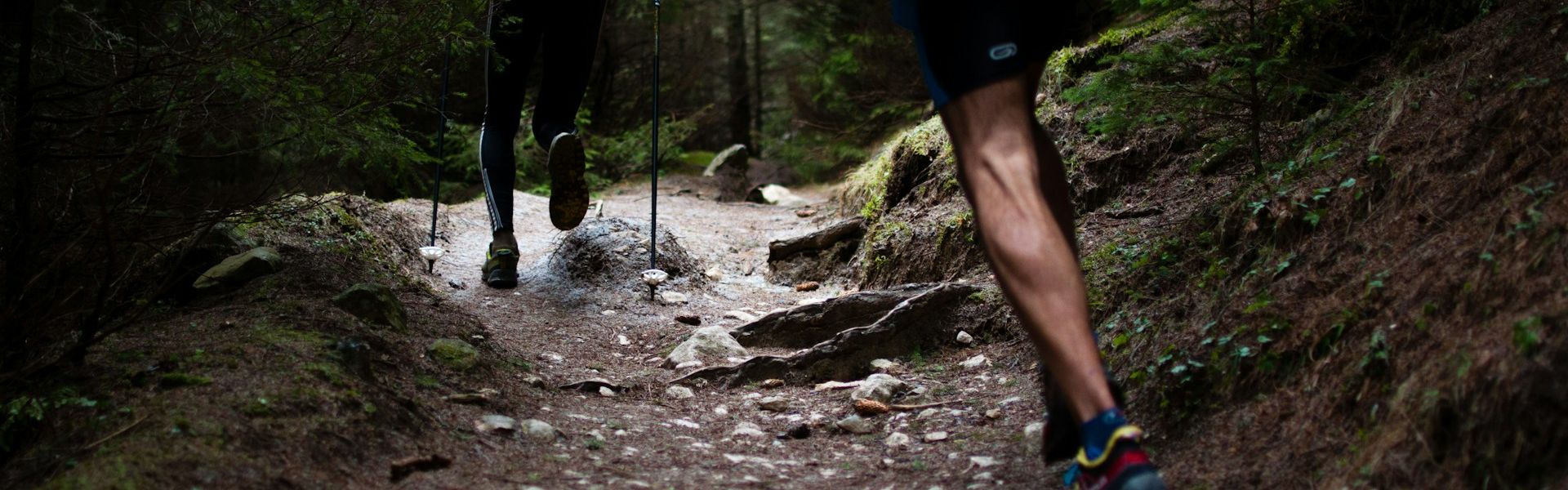 People trail running on a rocky forest path during an outdoor recreation activity