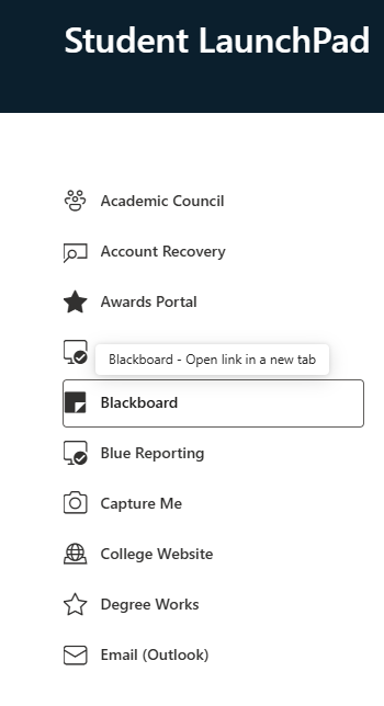 Student Launchpad menu with BlackBoard highlighted