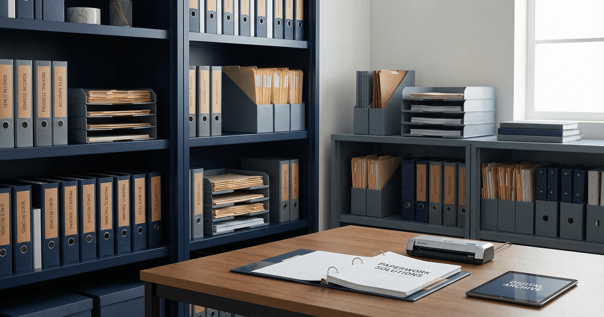 A school archive and records room showing SENCO paperwork reduction without losing accuracy