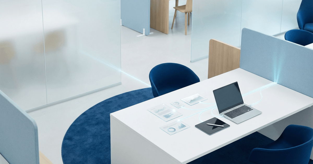 Blue-toned connected devices and data cards for an interoperability in education article