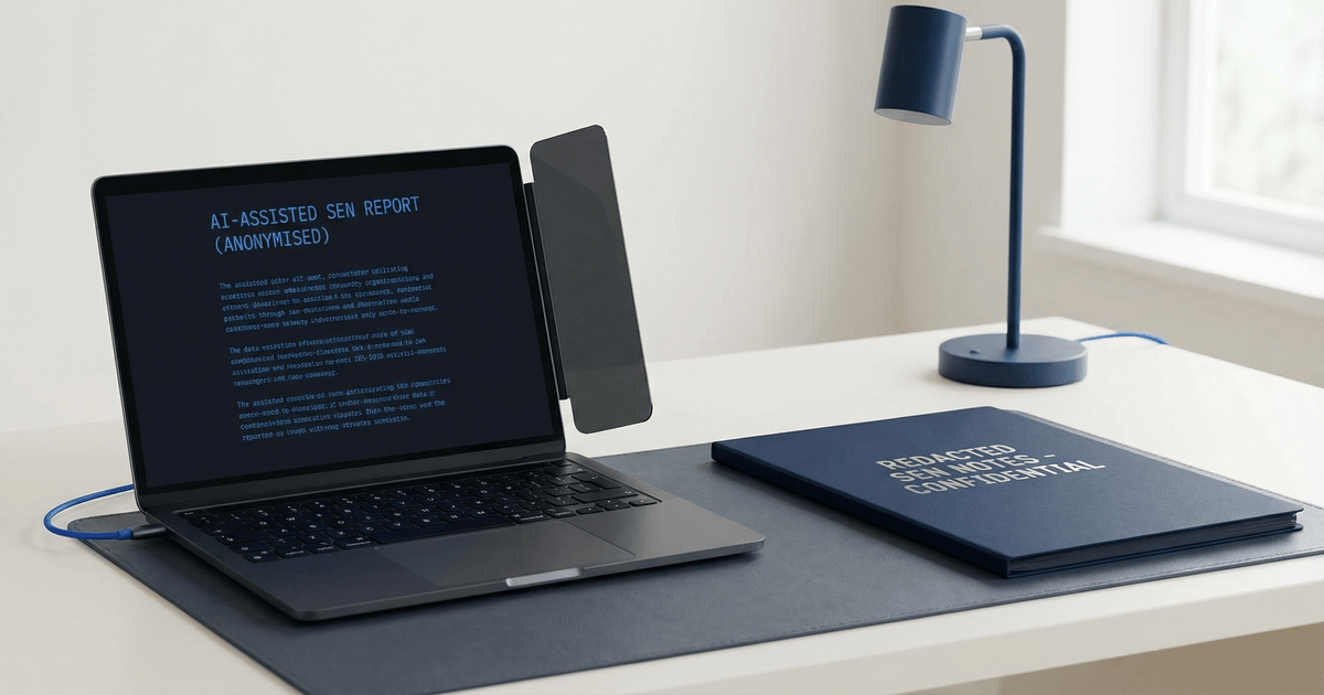 A secure SEN admin workspace showing anonymised AI-assisted records and GDPR compliance