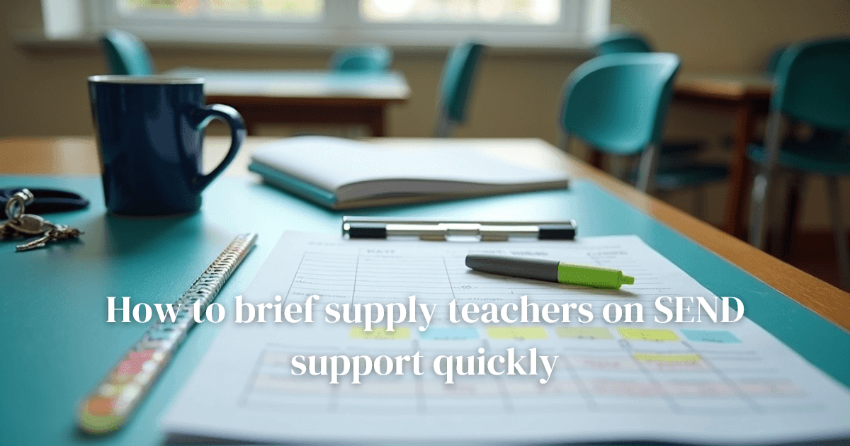 A tidy school desk with briefing papers for a supply teacher