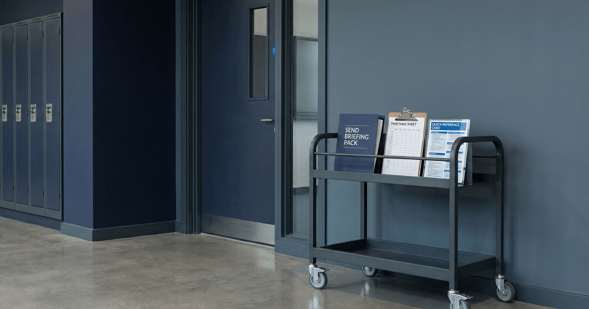 A school corridor with a SEND briefing pack for supply teacher handover