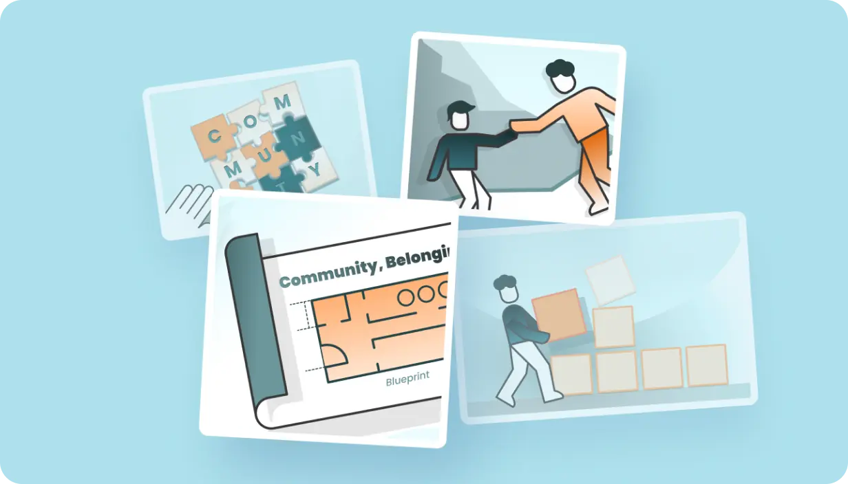 Program Features illustration showing community, collaboration, planning, and building concepts