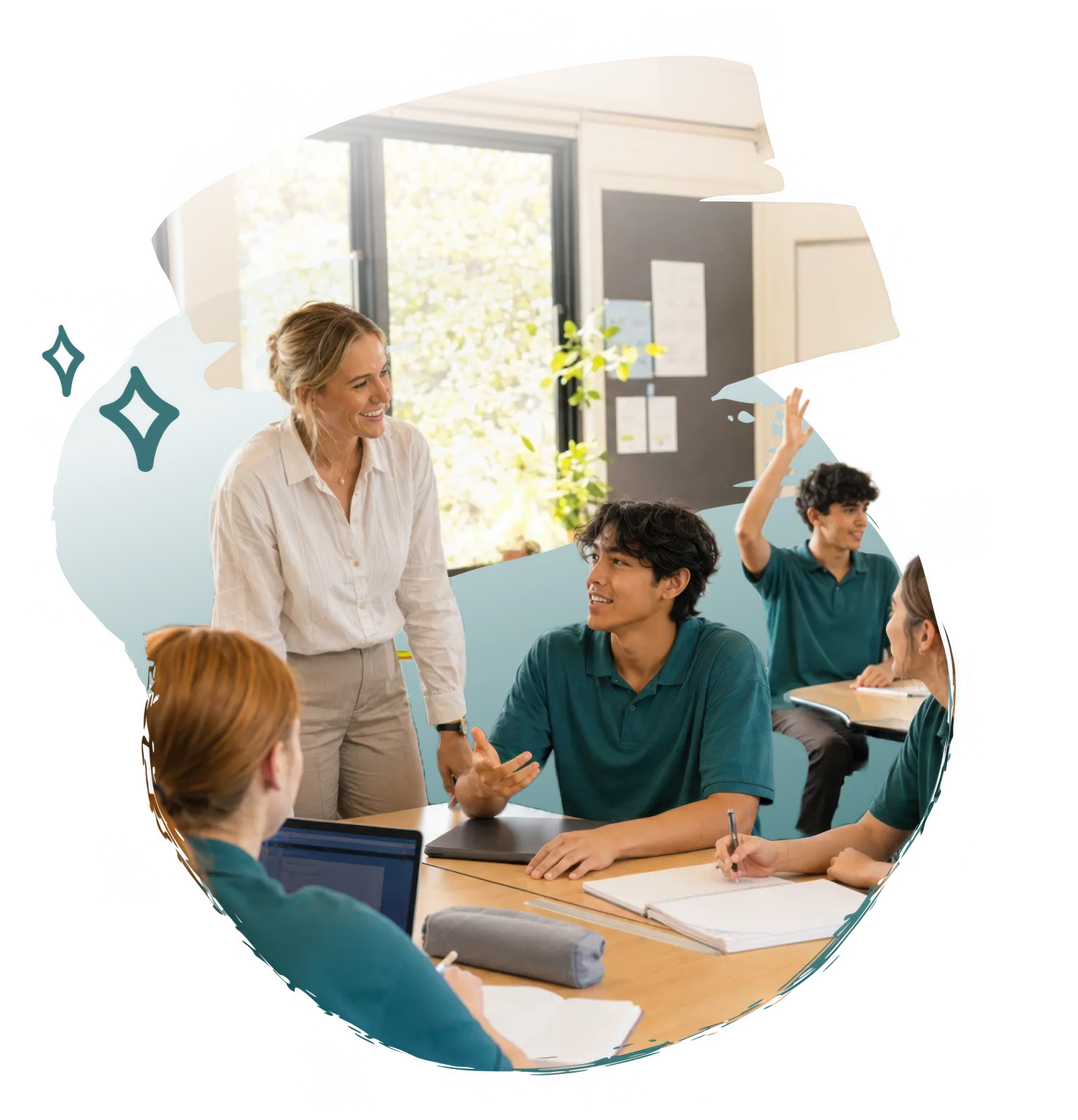 A teacher in a classroom delivering a lesson to students