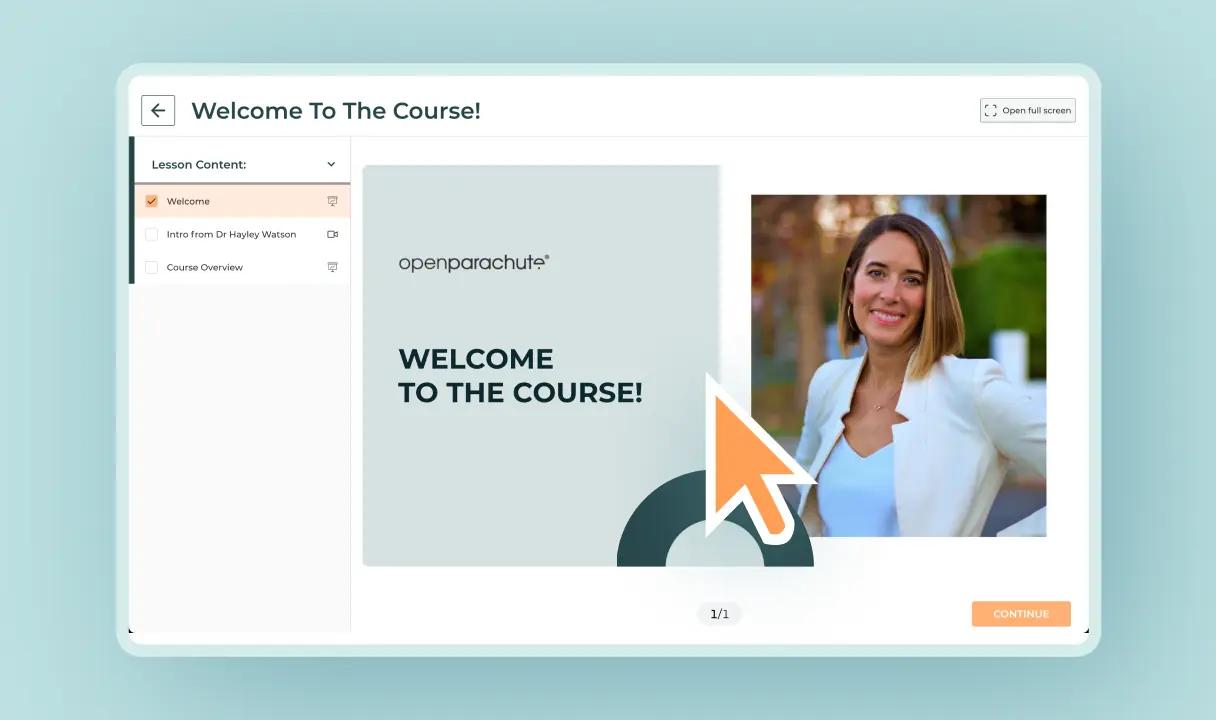 Online training course welcome screen