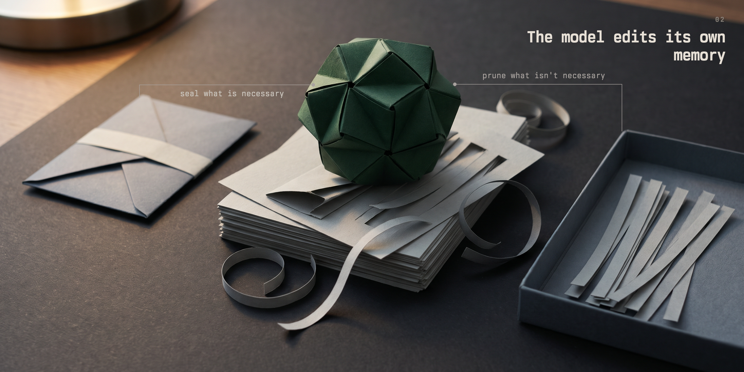 The green origami ball sits on a stack of paper sheets. To its left a folded, banded envelope is labelled "seal what is necessary"; to its right a tray of cut strips is labelled "prune what isn't necessary", with curled offcuts on the desk.