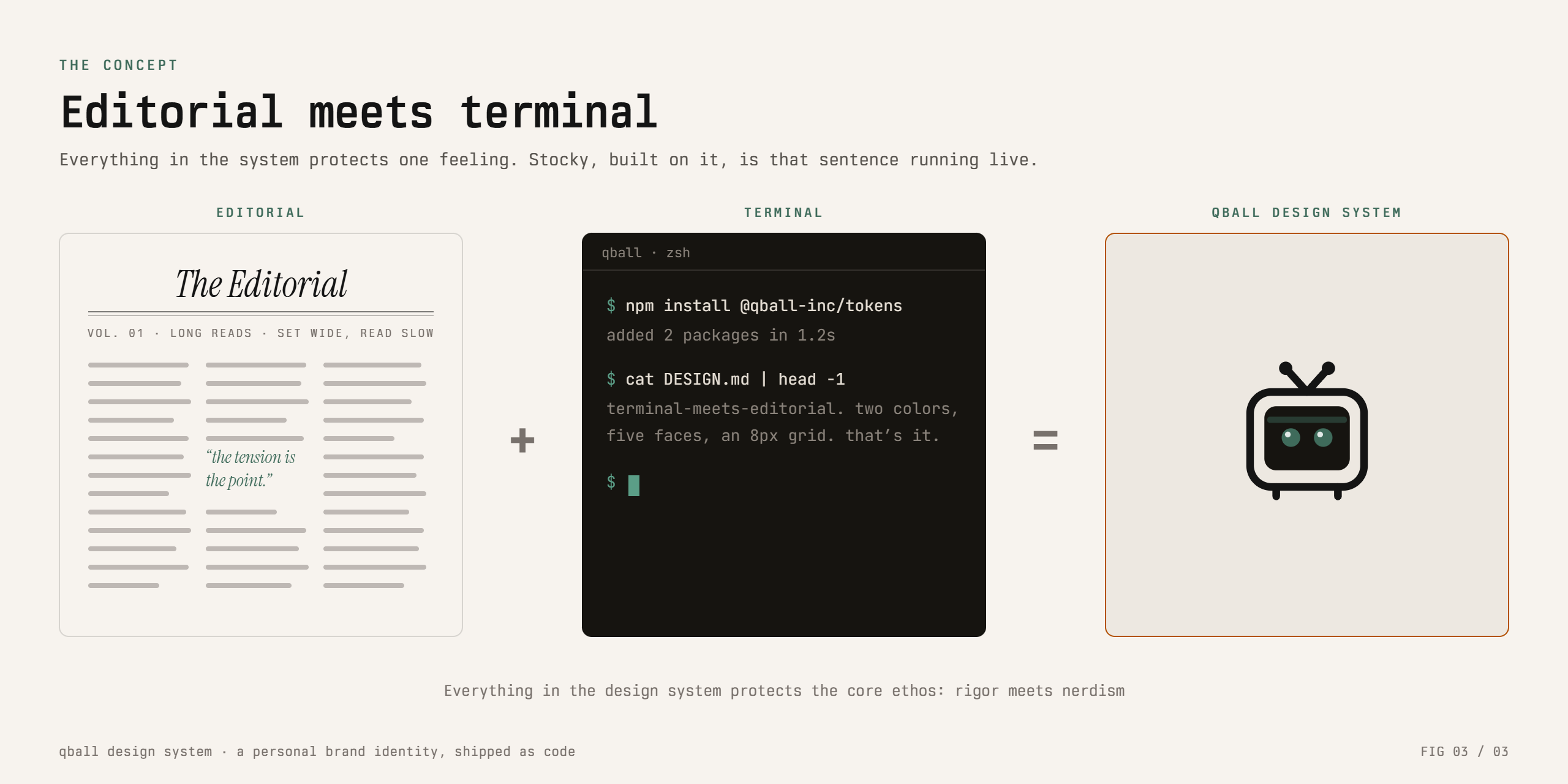 Terminal-meets-editorial: oversized monospaced display type on warm parchment and charcoal with two colors doing all the talking