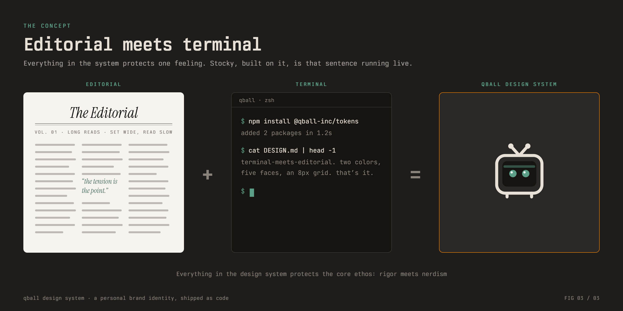 Terminal-meets-editorial: oversized monospaced display type on warm parchment and charcoal with two colors doing all the talking