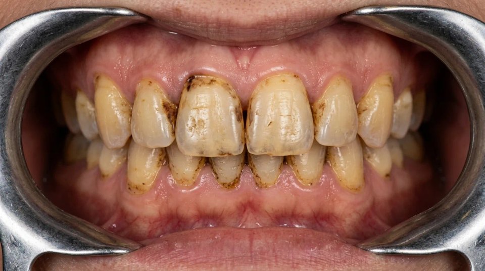 Heavy coffee and tobacco stains before laser whitening