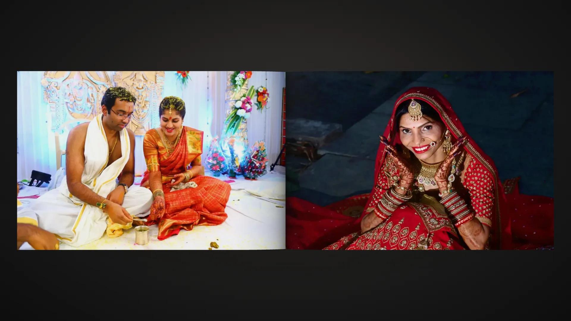 A wedding e-album open as a 3D book, with a wedding ritual photo and a bride in red on facing pages
