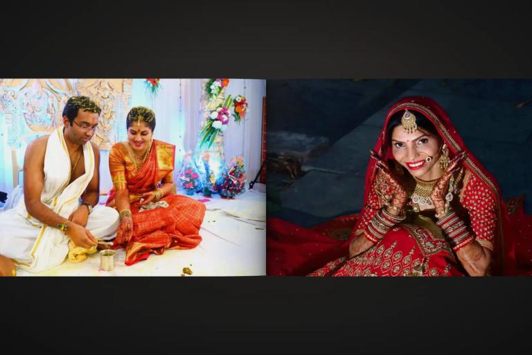 A wedding e-album open as a 3D book, with a wedding ritual photo and a bride in red on facing pages