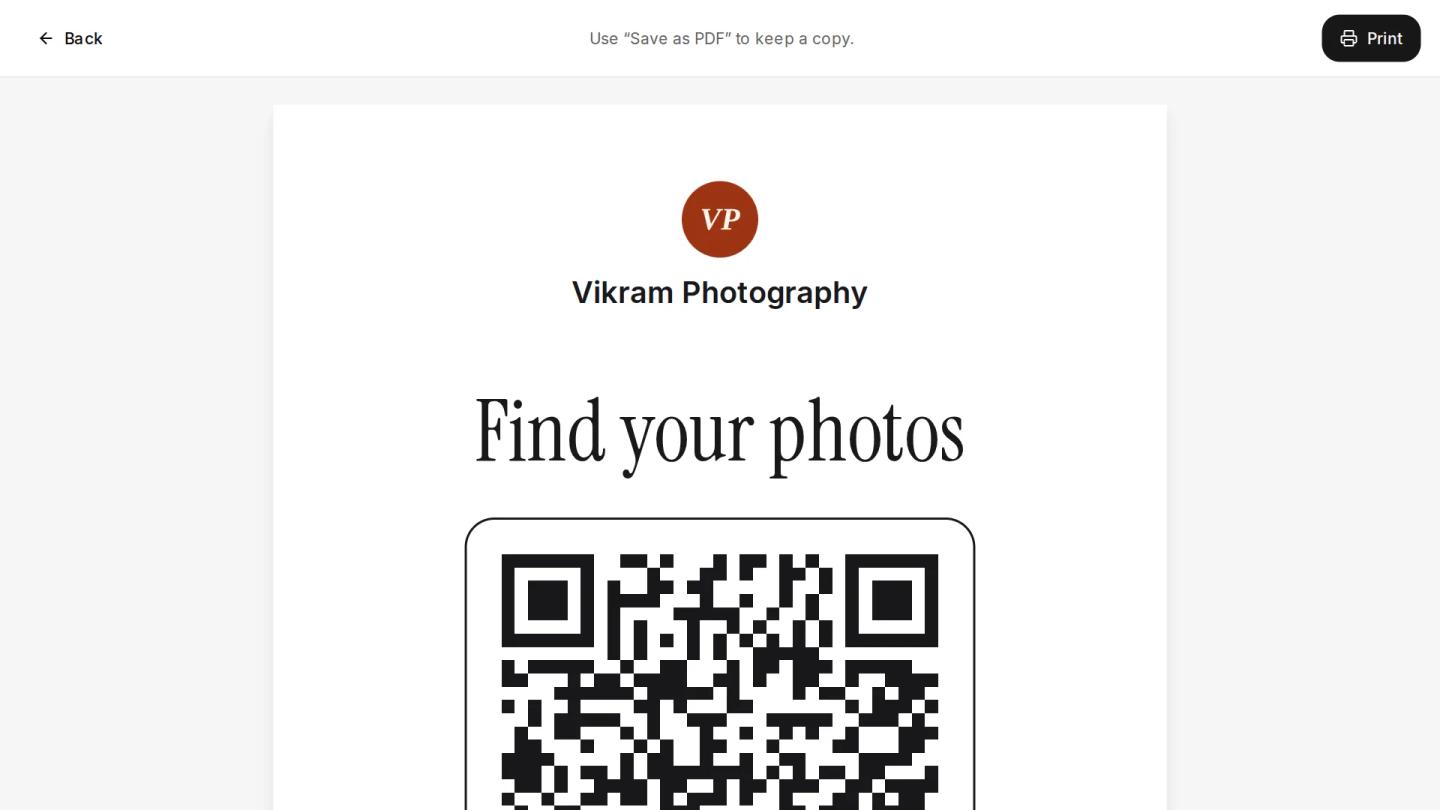A print-ready QR poster titled “Find your photos” with a sample studio's logo, Vikram Photography