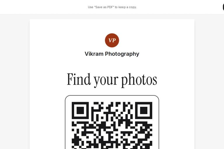 A print-ready QR poster titled “Find your photos” with a sample studio's logo, Vikram Photography