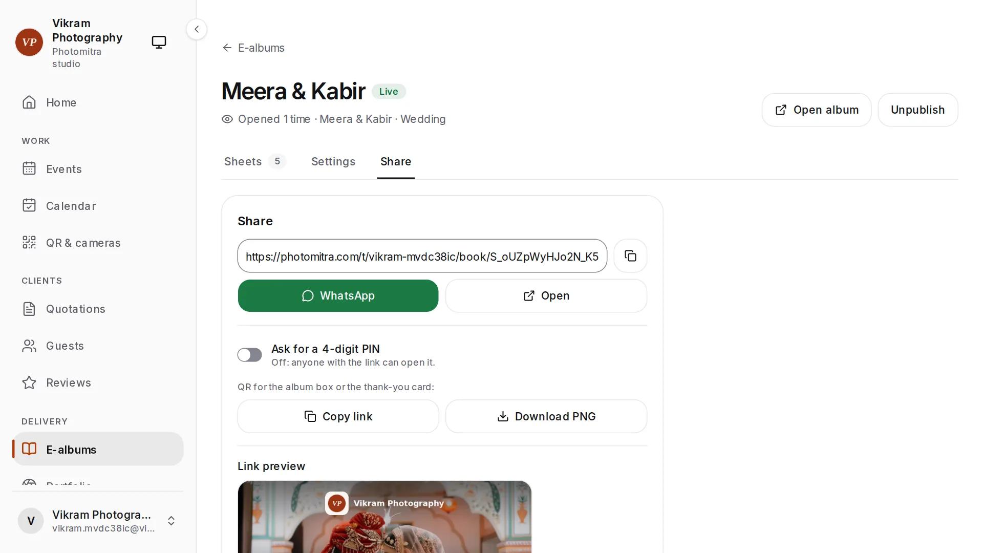 Photomitra's e-album share screen with a WhatsApp button, a PIN switch and a QR to download