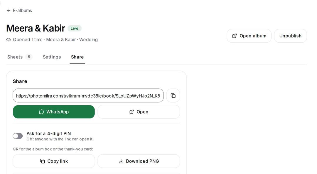 Photomitra's e-album share screen with a WhatsApp button, a PIN switch and a QR to download