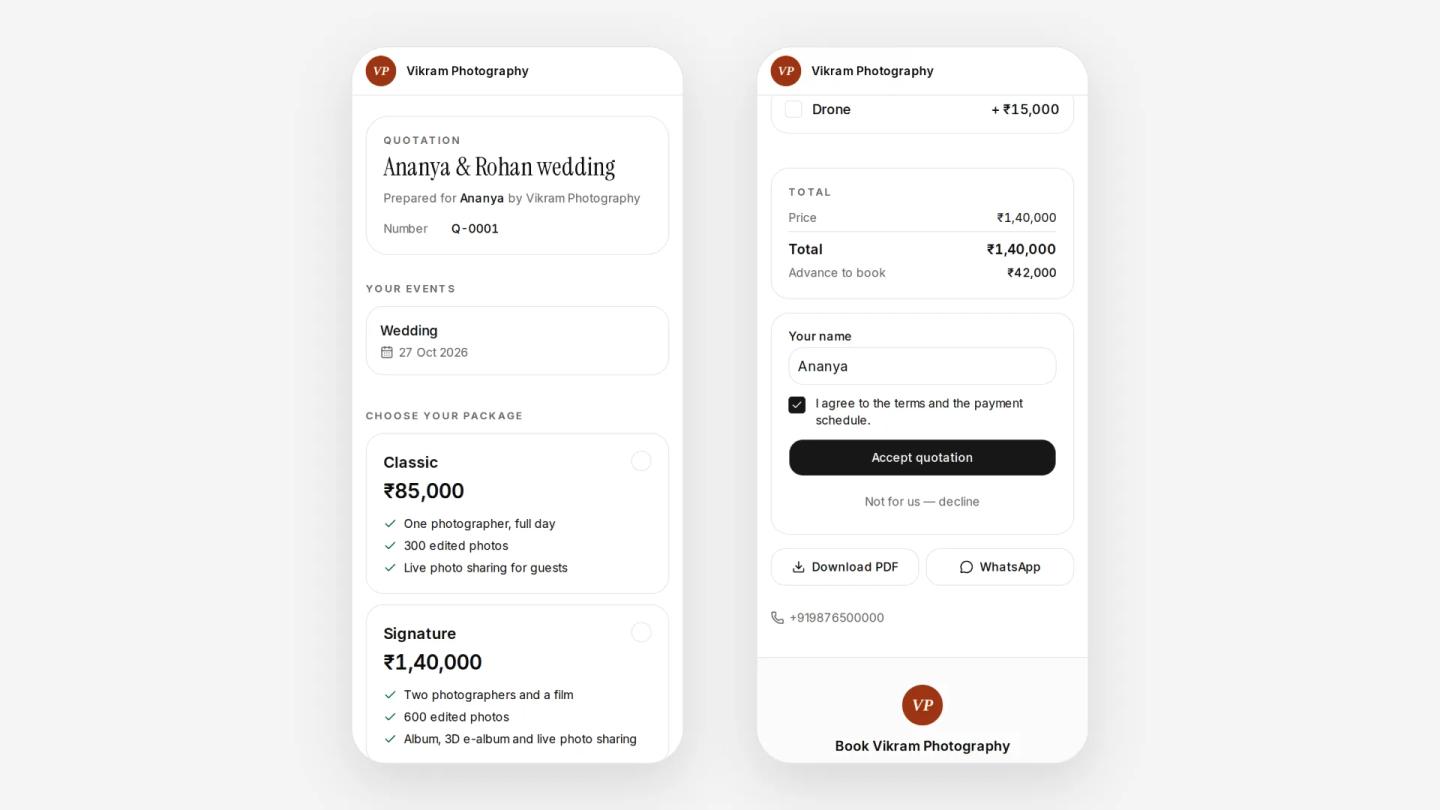 A wedding quotation on a phone with an 'I agree to the terms and the payment schedule' box and an Accept quotation button