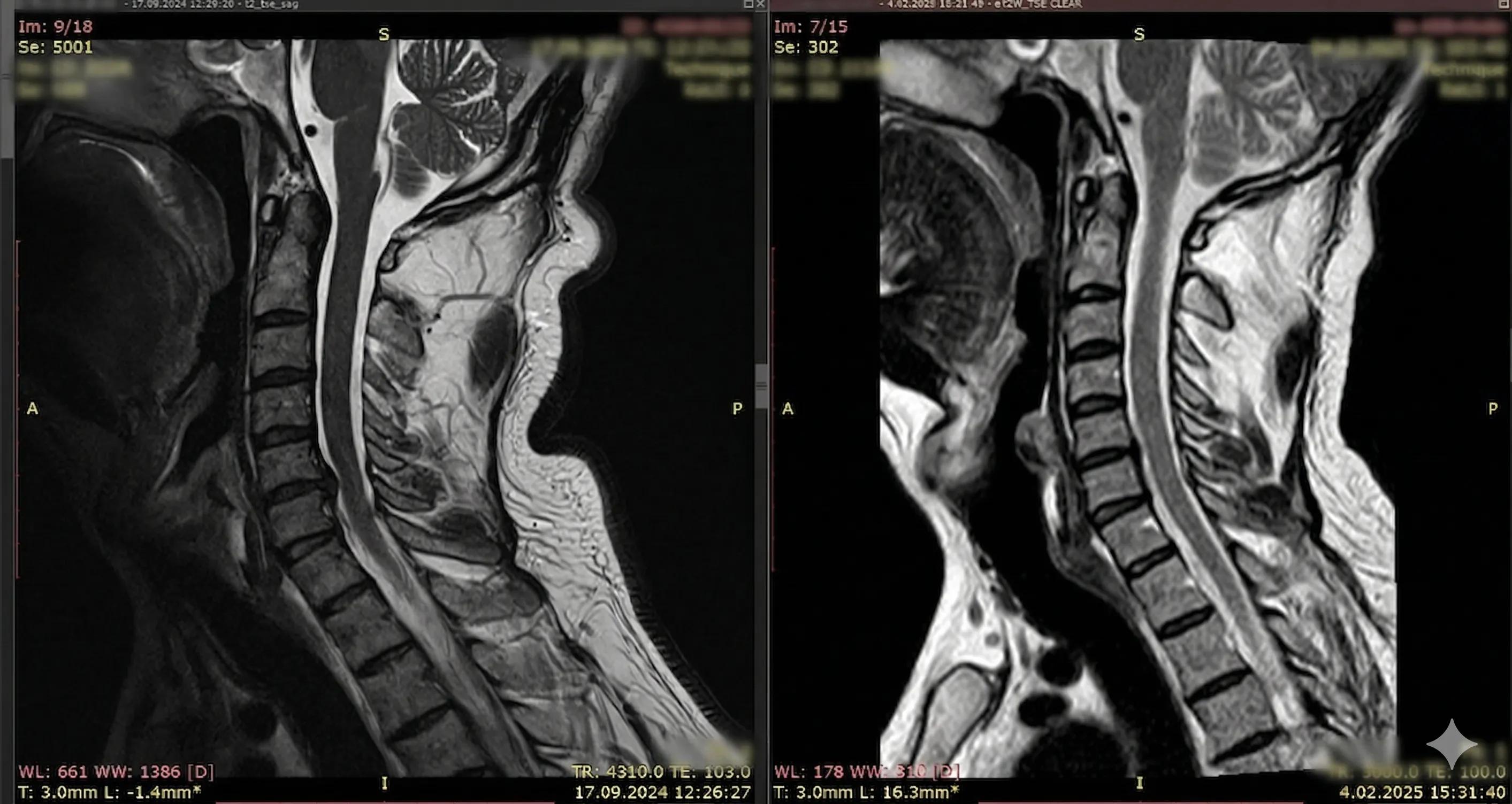 Cervical spine MRI comparison showing neck pain treatment results at DRFK Dubai