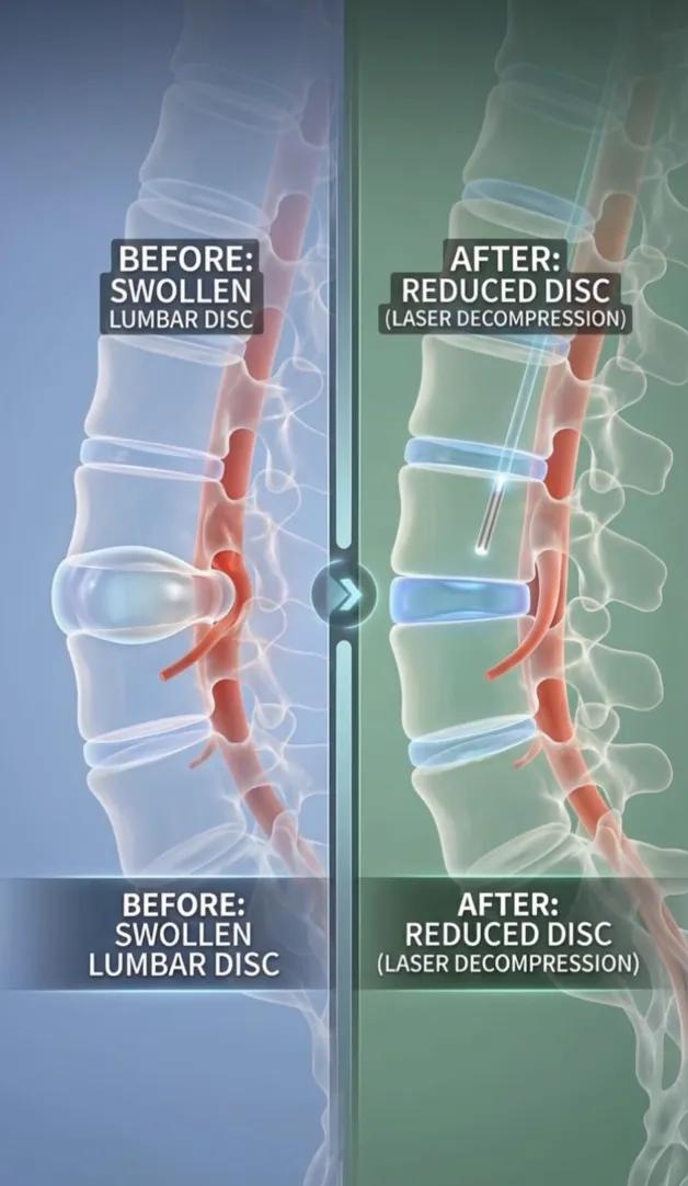  صورة توضيحية تقارن بين القرص القطني المنتفخ قبل العلاج وبعد تقليل الضغط باستخدام تقنية الليزر لتخفيف ضغط العصب