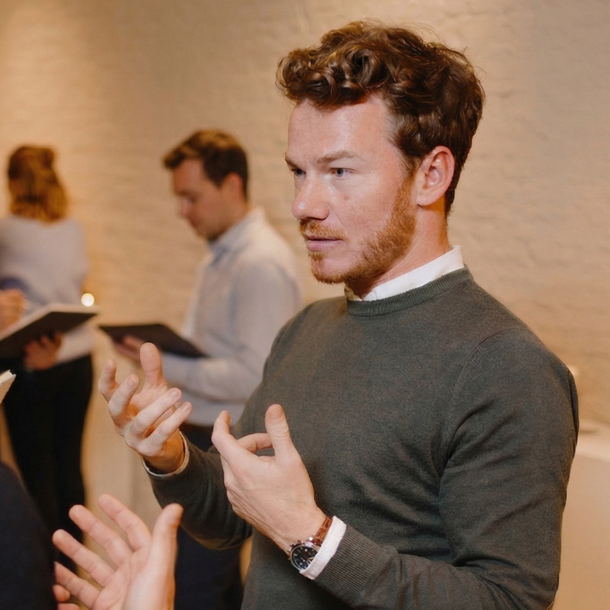 Professionals collaborating in a modern workspace