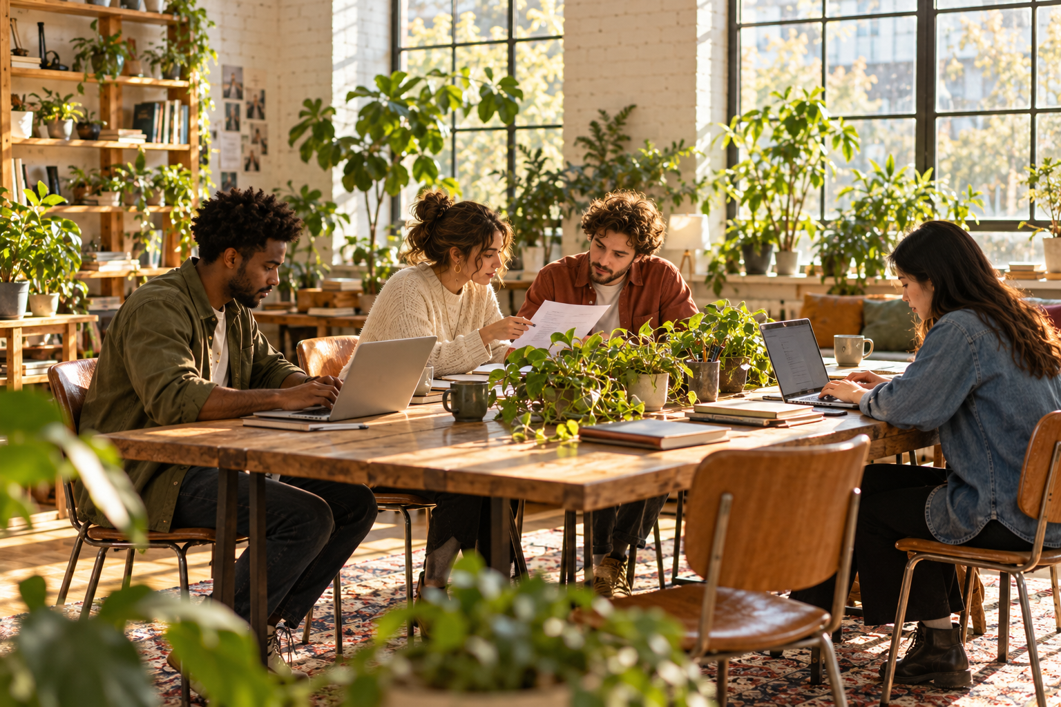 Several people working on laptops and papers around a long shared table with plants in a bright office